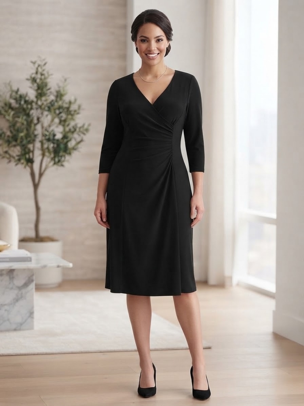 Jones Wear Black V-Neck Ruched Waist A-Line Dress